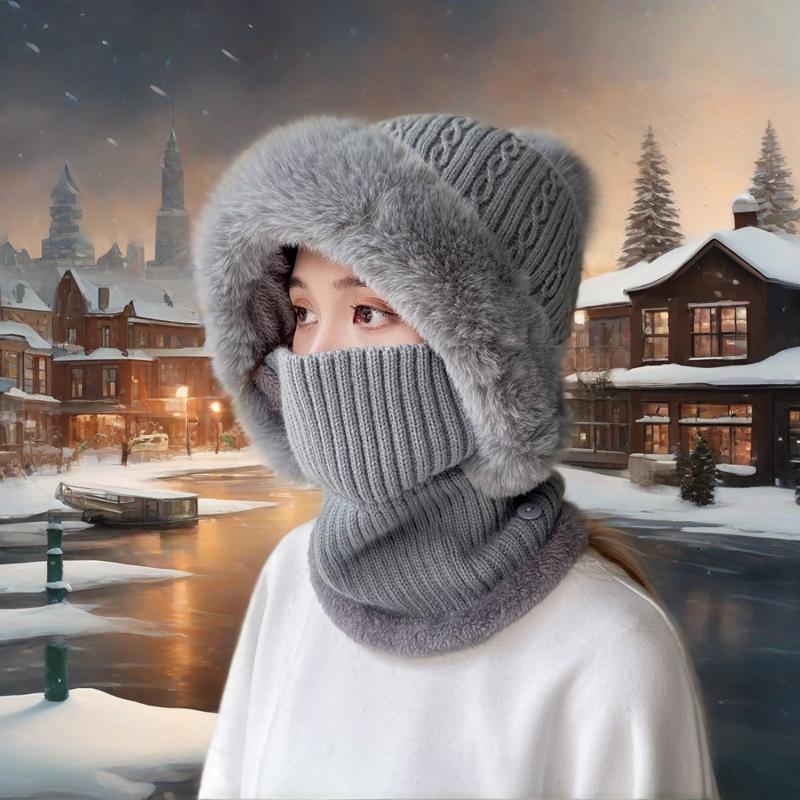 Twist Striped Knitted Hat, Bib, One-piece Plus Velvet Kit, Warm Ears, Neck Protection, Cold Wave Protection