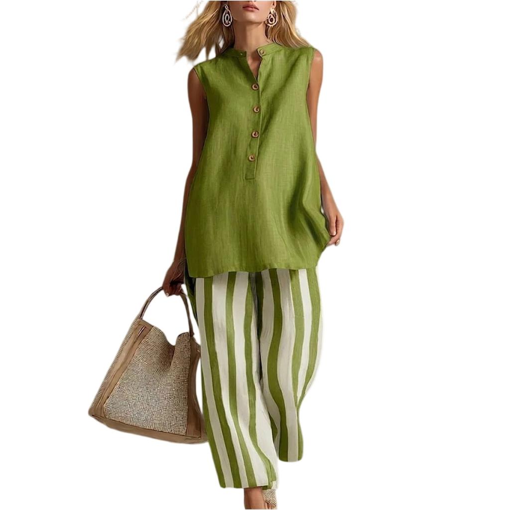 Sleeveless Button Front Blouse and Wide Leg Striped Pants Two Piece Set for Women Casual Loose Fit Summer Outfit