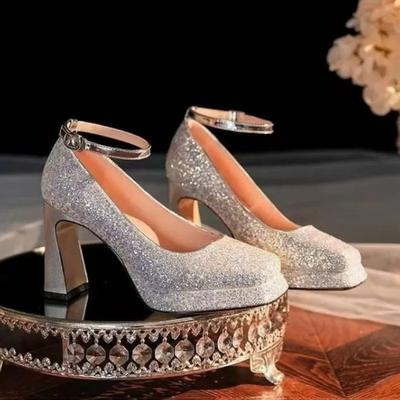Sapatos Femininos da Moda 2025 Marca Fivela Tira Salto Alto Feminino Moda Lantejoulas Sapatos de Casamento Feminino Salto Quadrado Feminino Zapatos Mujer