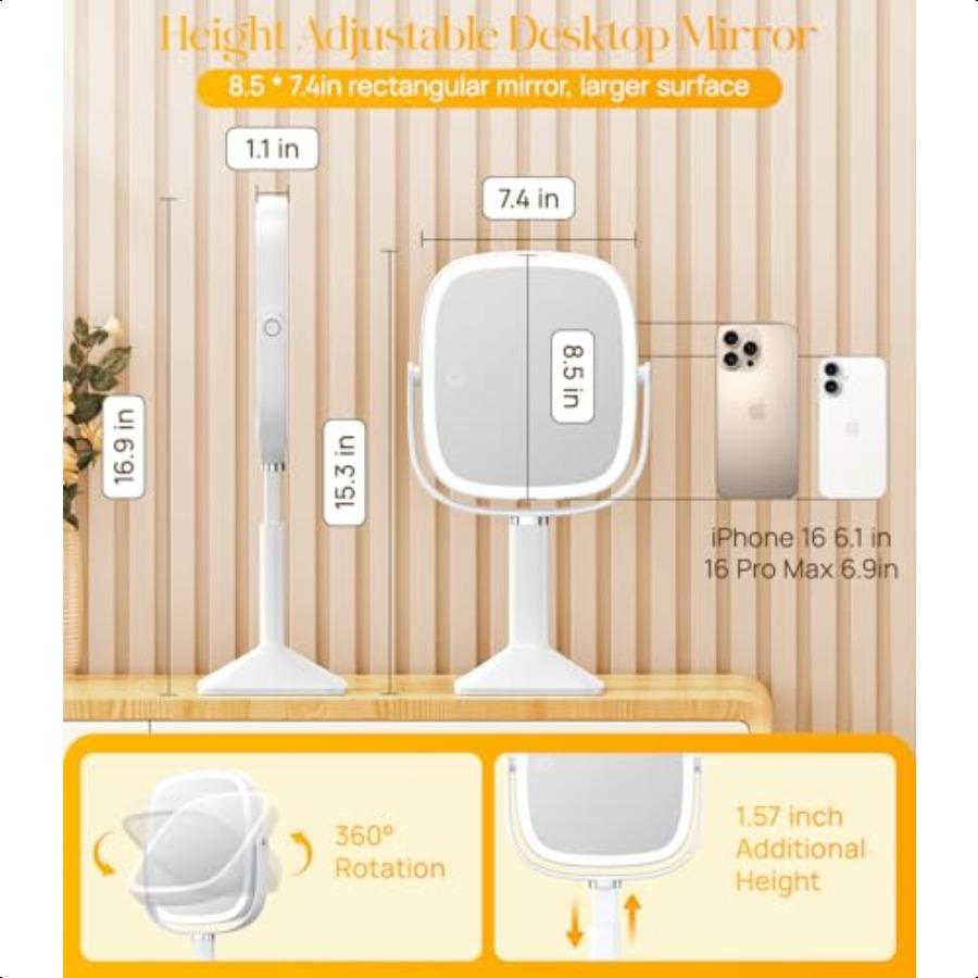 Rec Lighted Makeup Mirror with Lights and 1X 7X Magnifying Mirror Height Adjustable and 4000mAh Rechargeable for Bedroom 8.5x7.