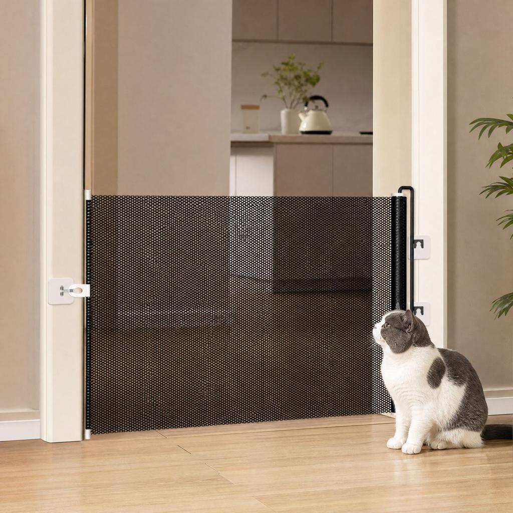 Retractable Pet Gate for Cats, Expandable Door Barrier with Room Divider To Keep Indoors