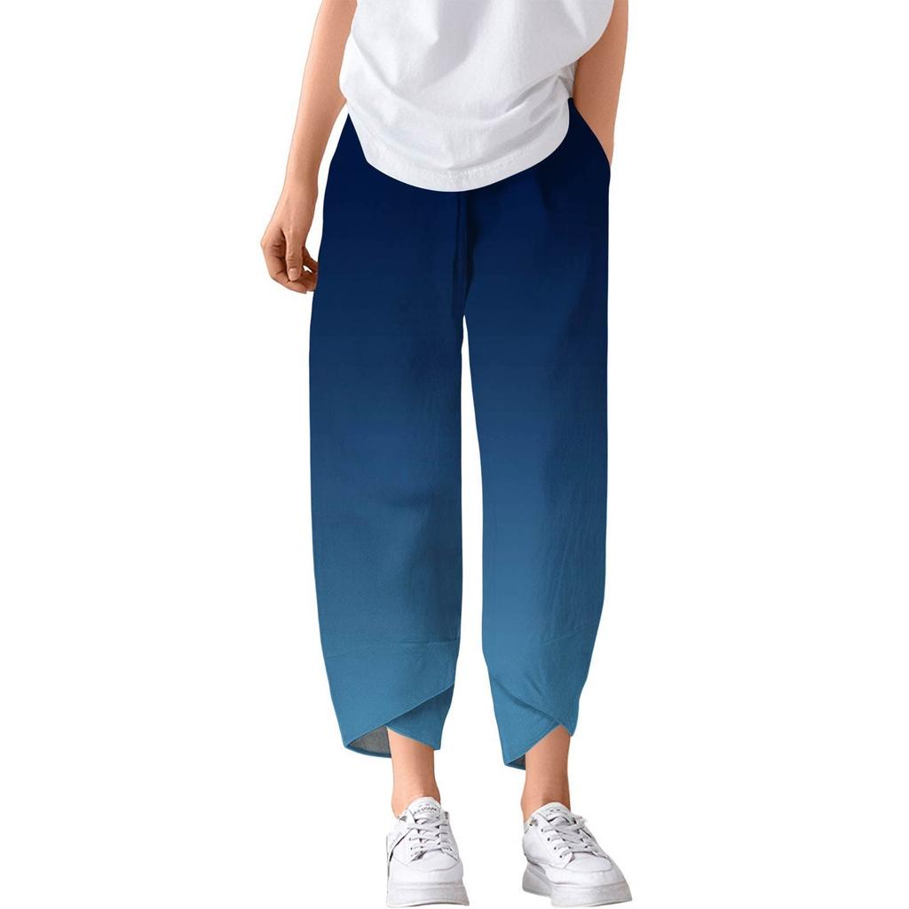 Pants For Women Summer Casual Wide Leg Elastic Waist Print Pants With Pockets