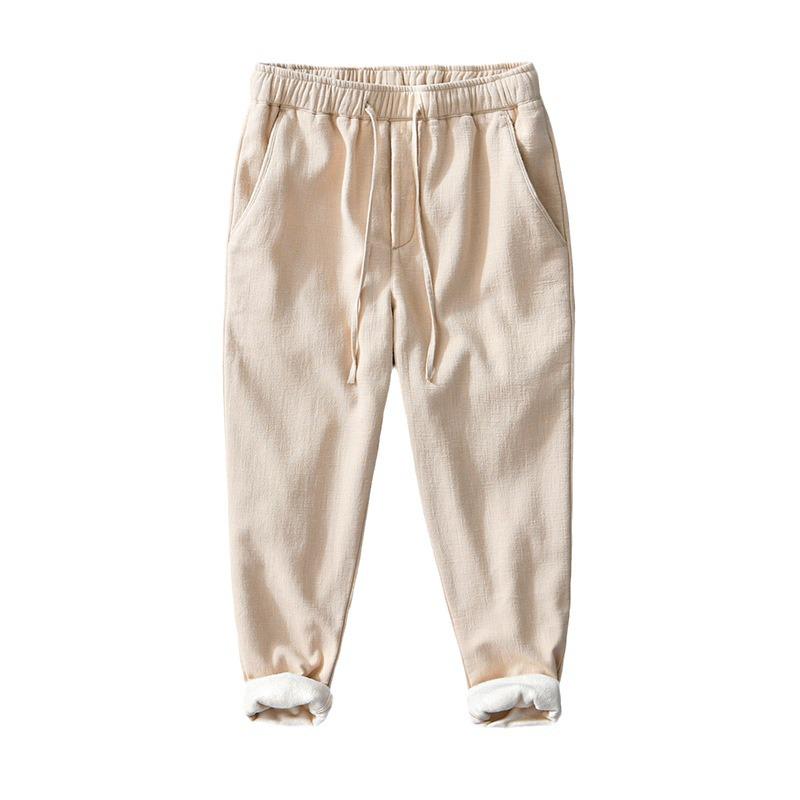 L8234 Men's Retro Loose Straight-Leg Cotton Pants - Warm Fleece-Lined, Drawstring, Long Fit