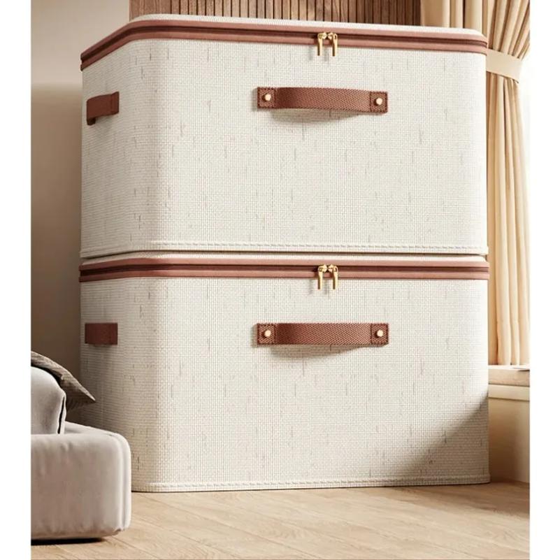 Large Household Storage Box Heavy-duty Hard Shell Cotton Linen Zipper Storage Organizer Box with Lid for Clothes Toys Blankets