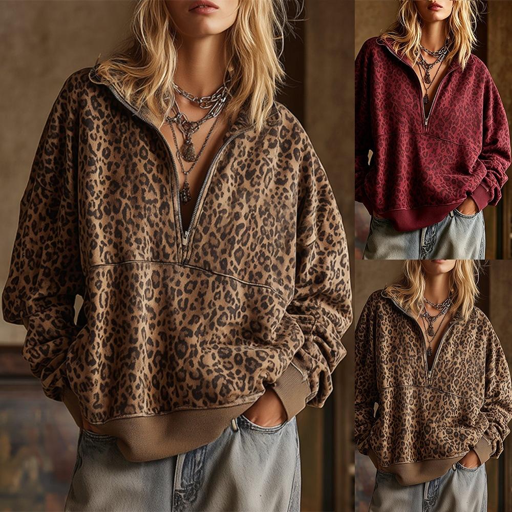 New Women's Fall Style Pullover with Flap Collar and Zipper, Retro Leopard Print, Loose Fit Hoodie