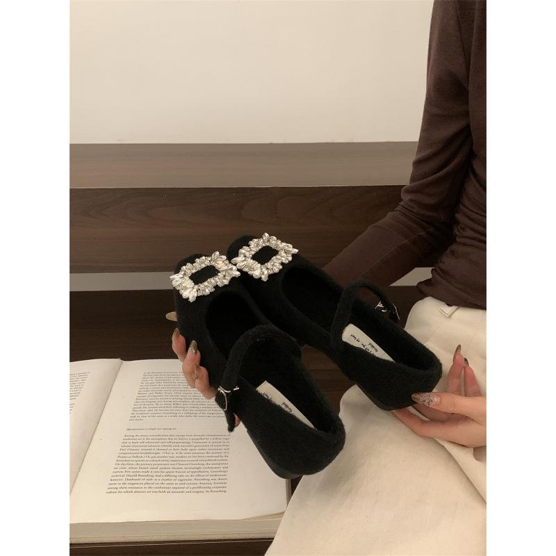 Xiaoxiangfeng woolen rhinestone square head fluffy Mary Jane shoes women's autumn and winter velvet cotton shoes middle heel ladyshoes women's sin
