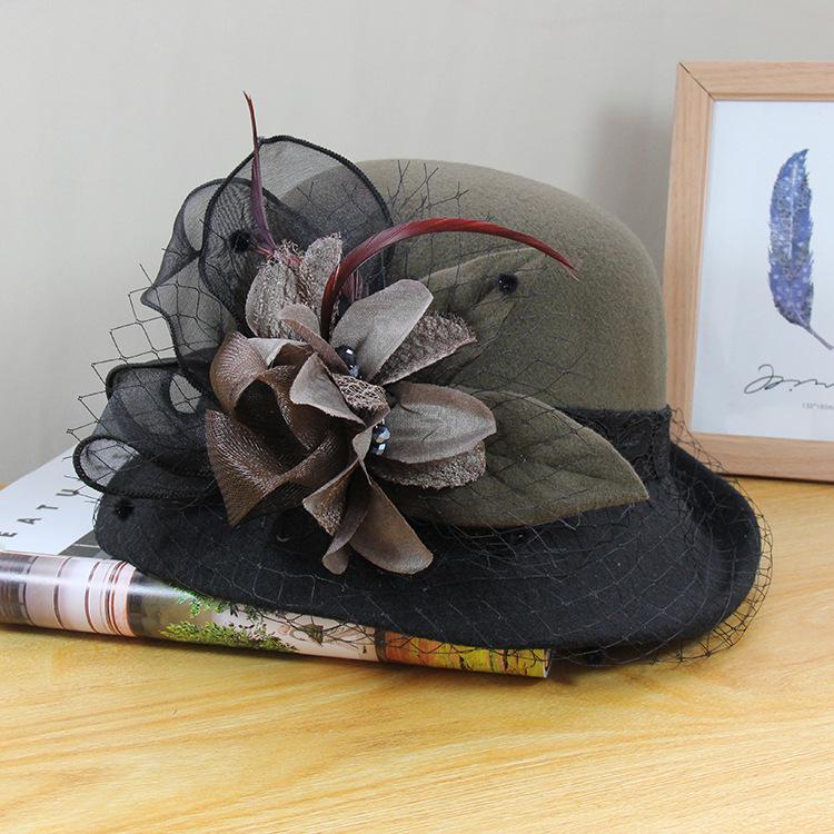 Woolen hat women's autumn and winter British retro versatile basin hat European and American Hepburn mesh flower crimped top hat