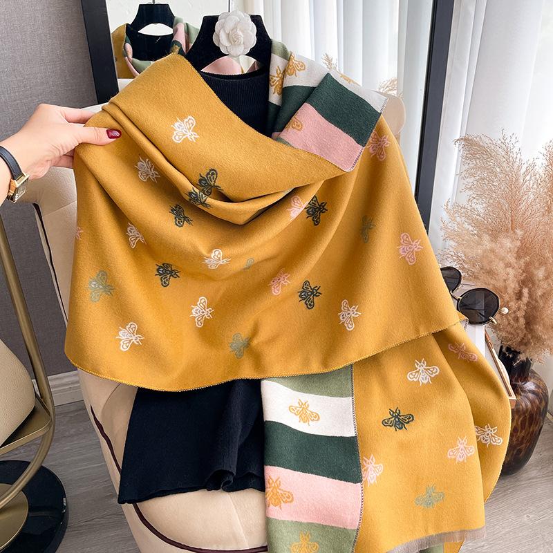 Scarf Women'S Winter High-Grade Imitation Cashmere Double-Sided Butterfly Printing Warm Temperament Air-Conditioned Room Shawl Scarf