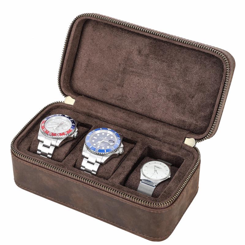 Vintage Crazy Horse Leather Watch and Jewelry Travel Box - Genuine Three-Piece Storage, Portable Ornament Gift Case.