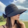 Hollow Out Round Dome Straw Hat Back Bowknot Decor Folding Wide Large Brim Pure Color Beach Hat Fashion Accessories