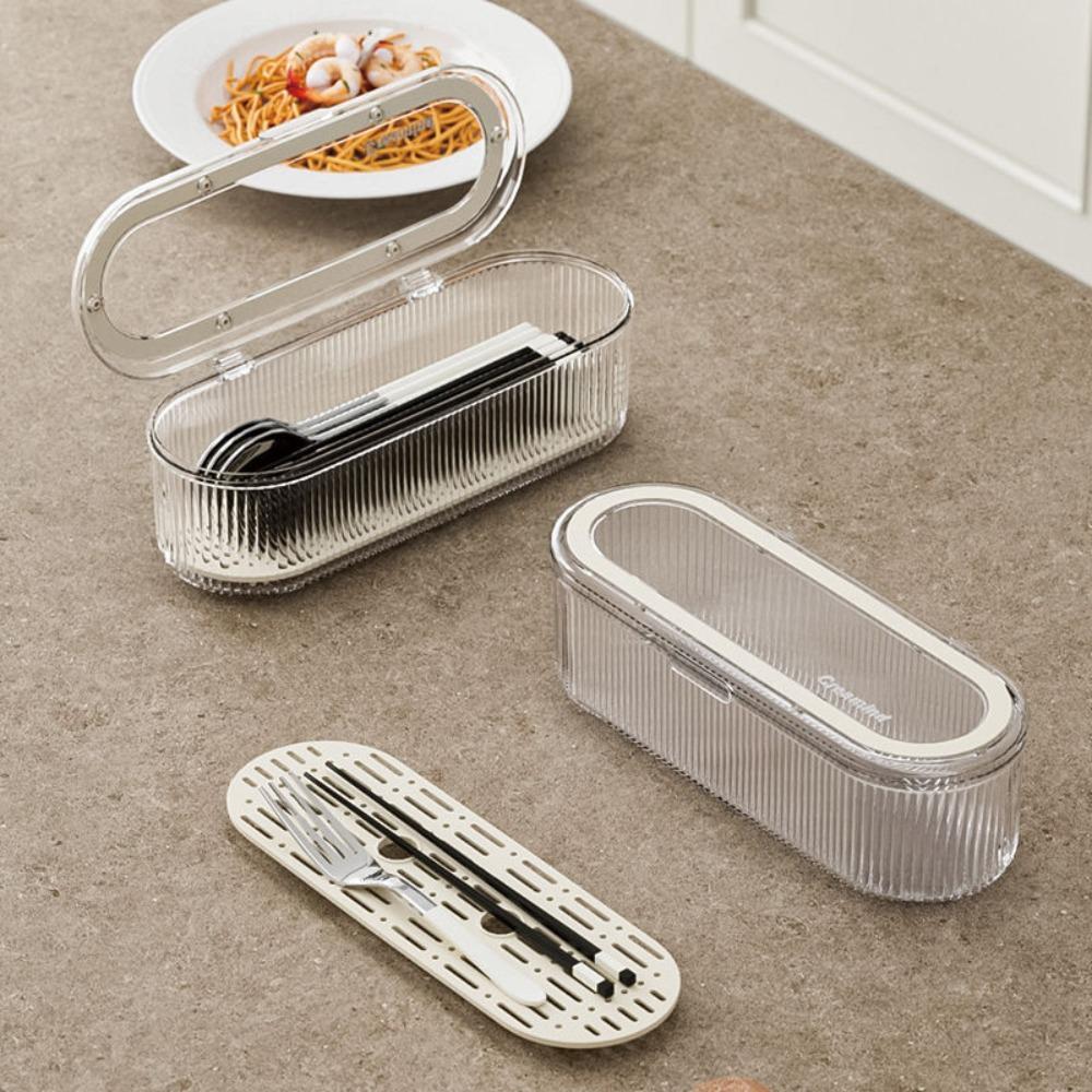 With Draining Tray Cutlery Storage Box Flip Cover Flatware Holder Chopstick Organizer  Outdoor