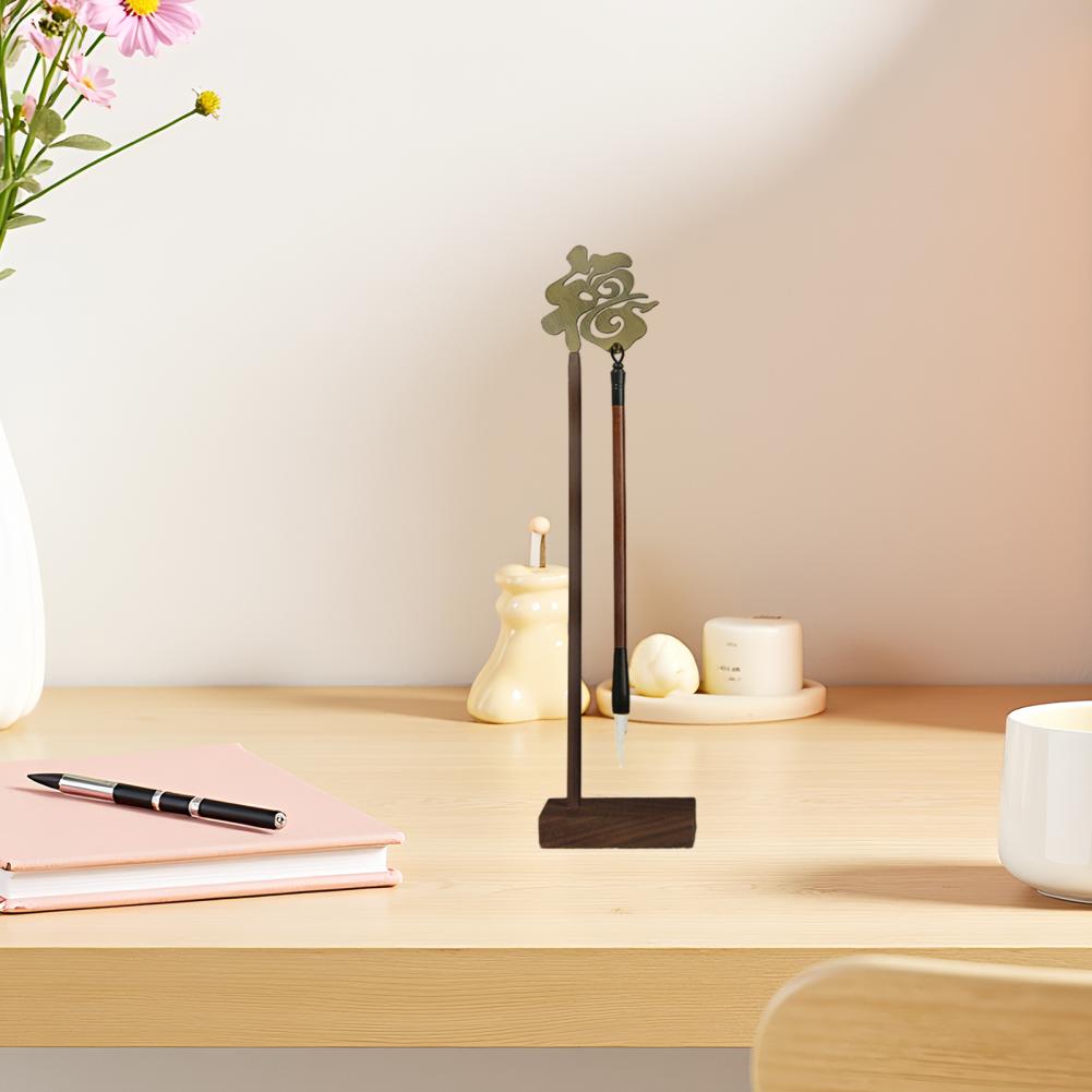 Brush Storage Rack Calligraphy Pen Holder with Chinese Fu Elegant Wooden Brush Hanger for Desktop Metal Writing Brush for Office