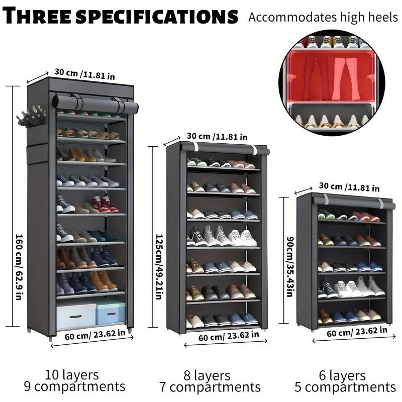 Multi-layer shoe cabinet with dust-proof rolling shutter door. Space-saving storage organizer for everyday use.