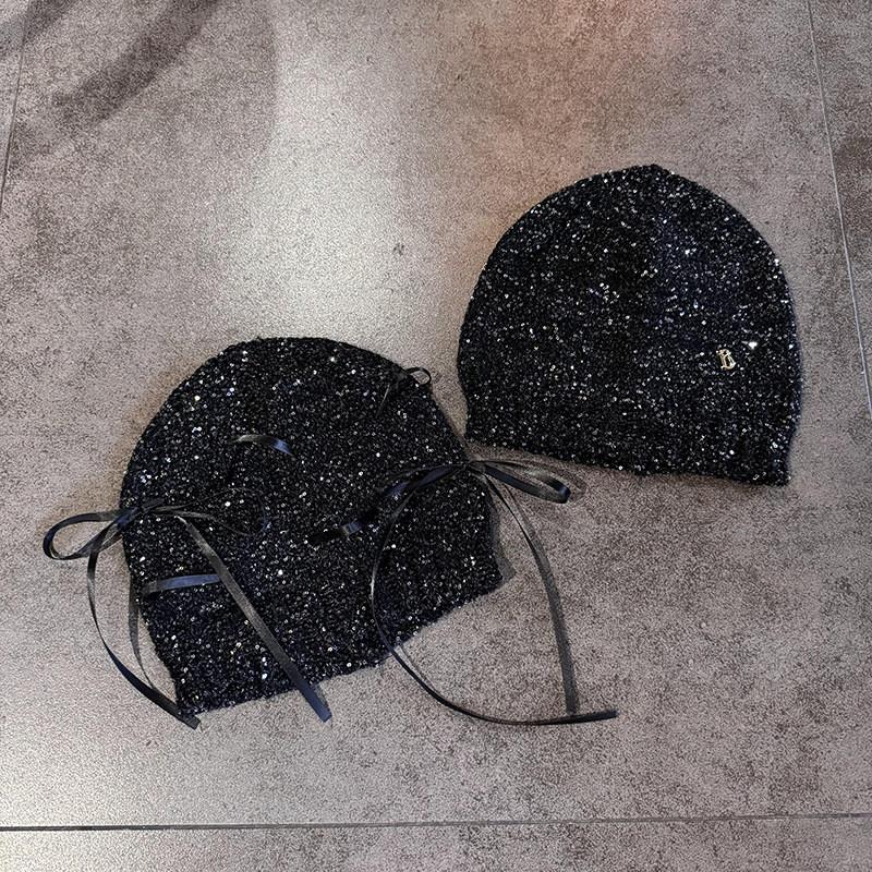 Sequined Knitted Fashion Hat With Bow And Letter Decorations For Casual Daily