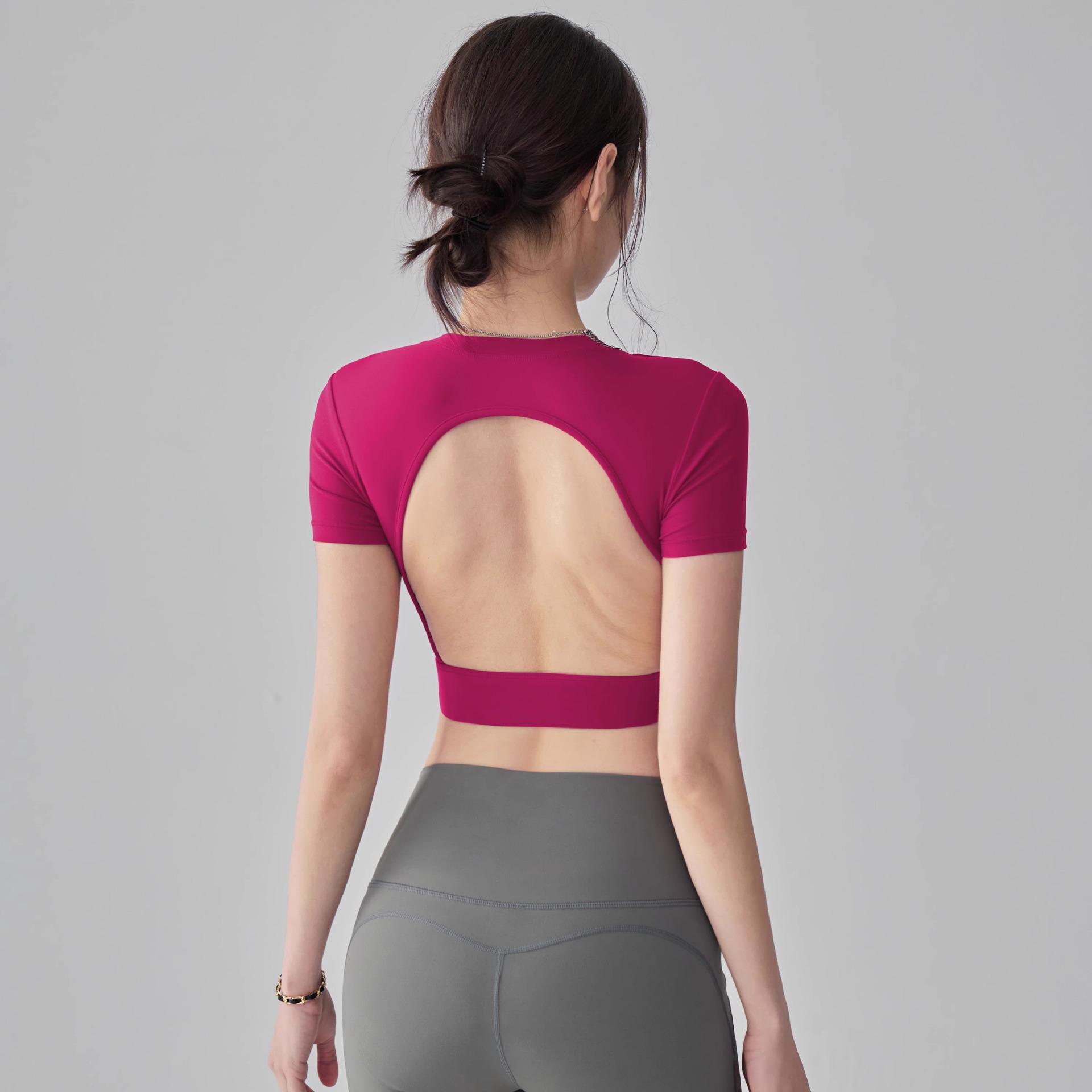 

Женский сексуальный топ для йоги с открытой спиной и быстросохнущим материалом - футболка для фитнеса с коротким рукавом Large