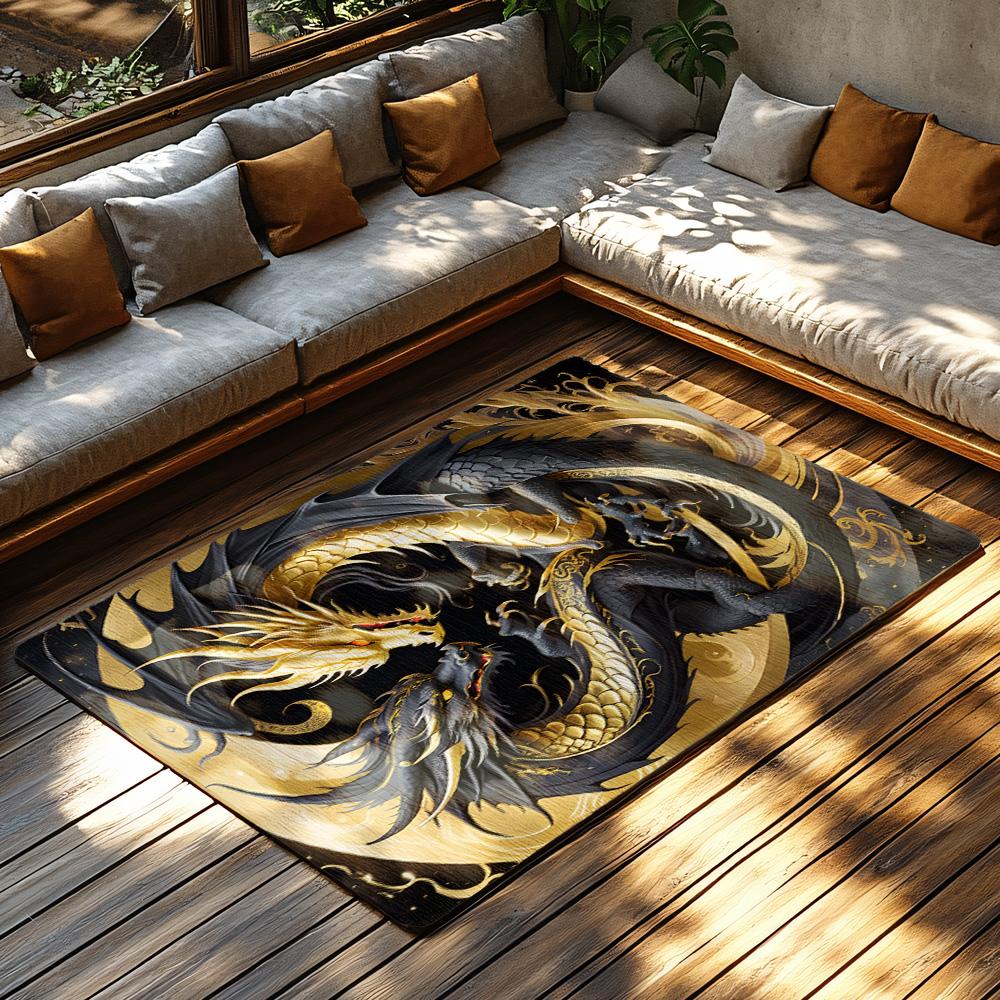Epic Dragon Twin Rug, Black Gold Mythical Carpet for Living Room, Plush Non-Slip Sofa Mat with Oriental Legend Decor
