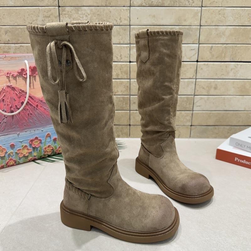 

Retro thick-soled stacking boots brown Maillard boots children s new summer and autumn western cowboy tall knight boots 40