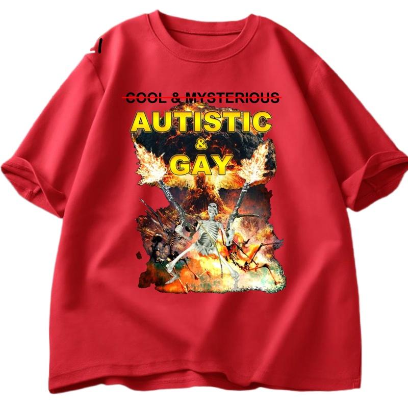 Autistic and Gay Skeleton Explosion T-Shirt Unhinged Graphic T Shirts Cursed Skeleton Autism Meme Men Women Tees Clothes Summer