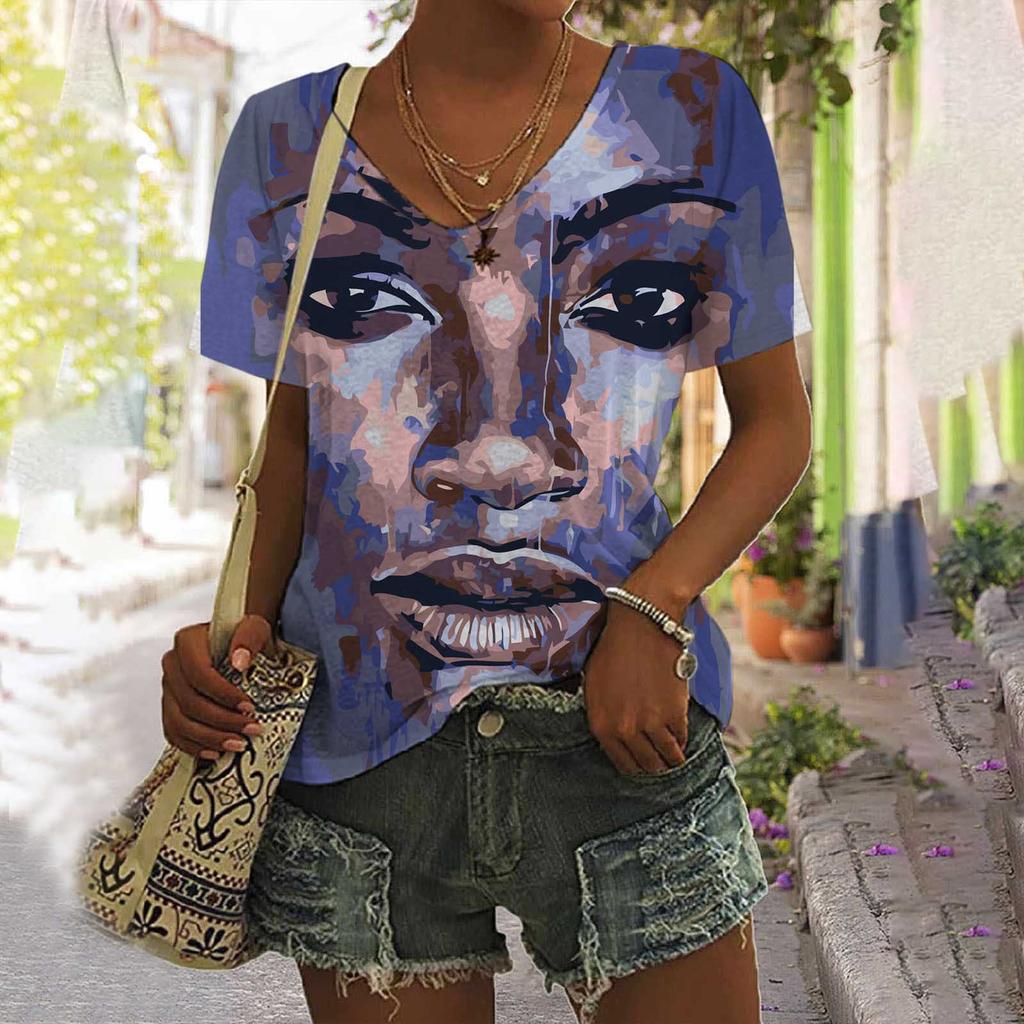 3D Painting Face Women's T-shirt Basic Harajuku Tops Summer Casual Short Sleeve V-Neck Loose Streetwear Female Fashion Pullover