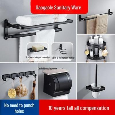 Estante Negro de Aluminio para Toallas de Baño y Juego de Accesorios sin Taladro