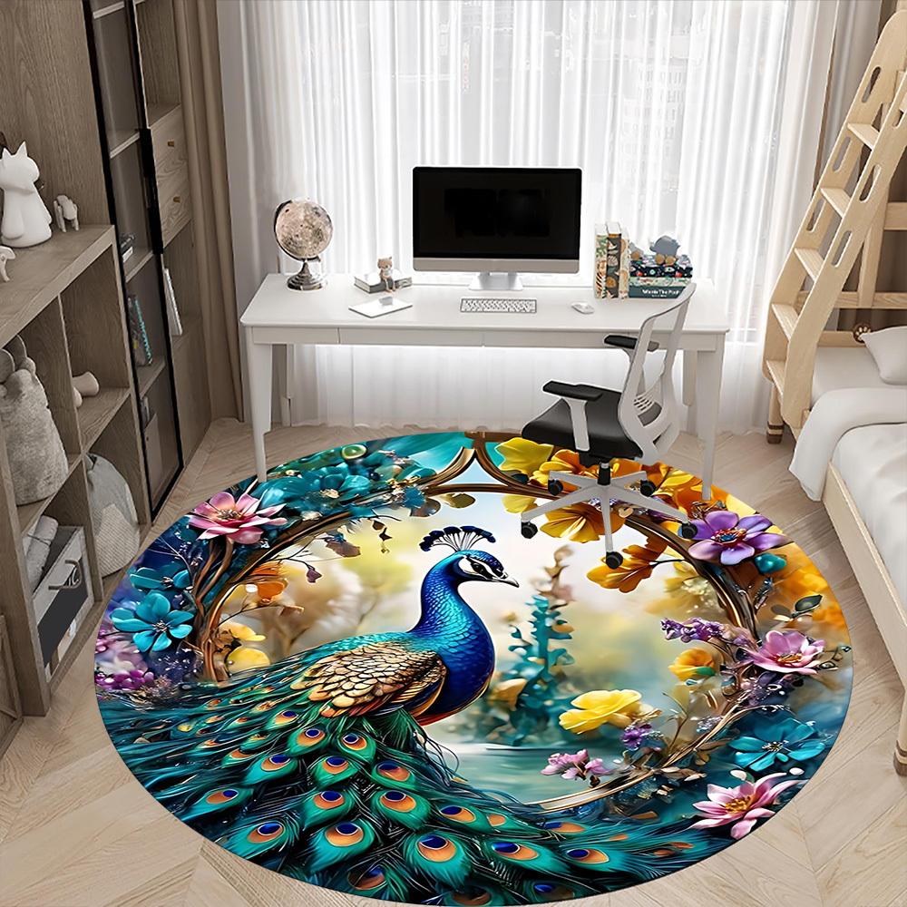 1pc Peacock Feather Print Chair Carpet for Office Non-Slip, Machine Washable Rug for Office, Sleeping, Room - Holiday Decor