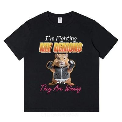Divertida Camiseta de Hámster 'Estoy Luchando Contra Mis Demonios y Están Ganando' Moda Vintage Manga Corta Camisetas para Mujer Streetwear