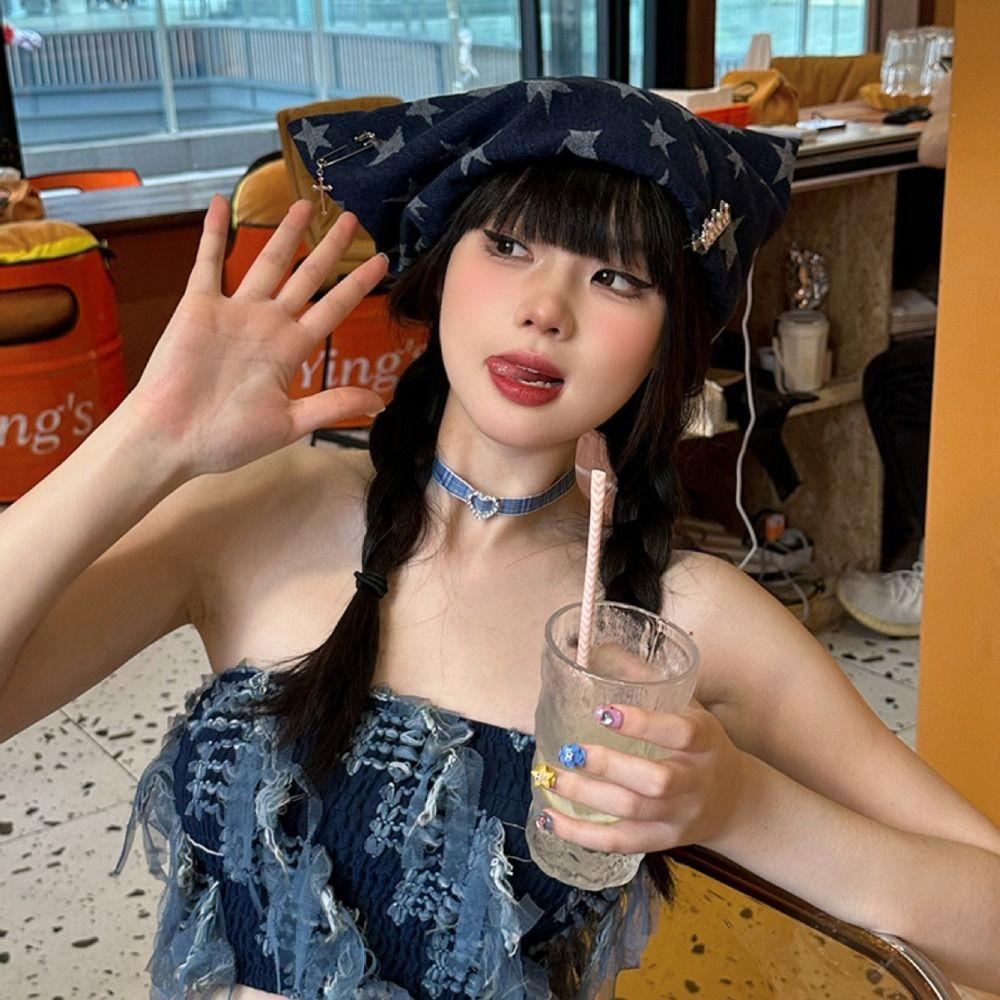 

Звезда Пуловер Шапка Y2K Кошачьи Уши Шапка Мягкая Джинсовая Шапка Уличная Одежда светло-синий