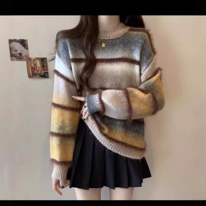 Autumn and winter new fashion gradual change color colorful fringed loose version thin versatile sweater knitted sweater top women