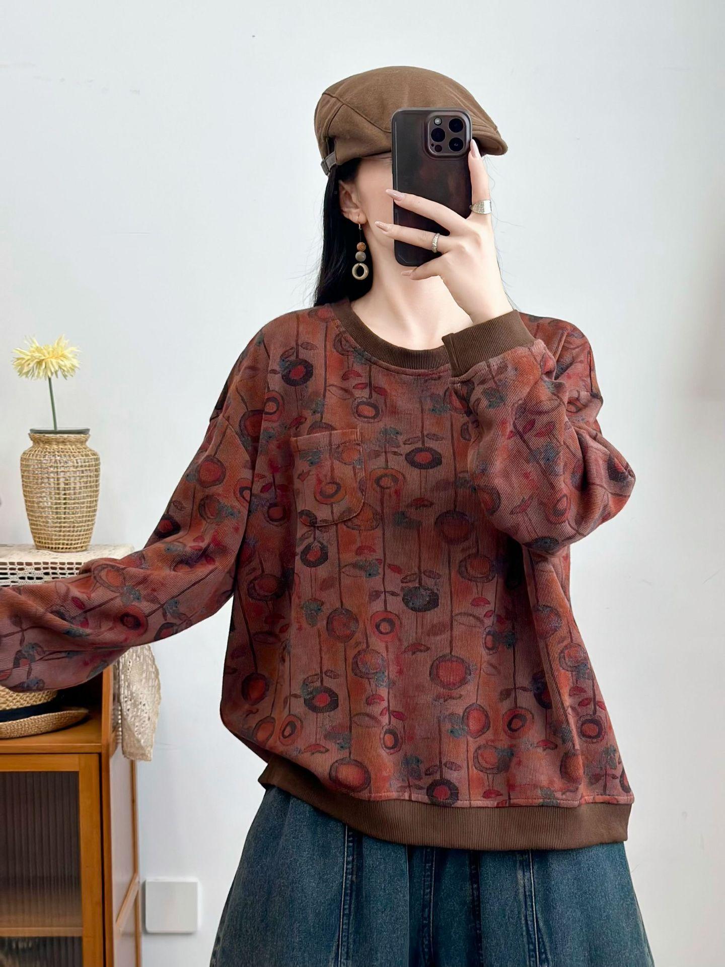 

2025 autumn new fried sweater literary style round neck loose printing casual versatile pullover long sleeve T-shirt average size