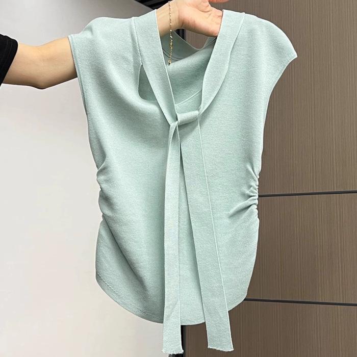 Korean deep v-neck sleeveless pleated T-shirt women's summer fresh and versatile small slim and thin temperament top ins