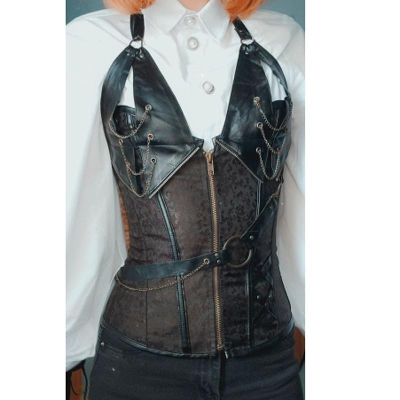Costume da pirata vichingo medievale per adulti Costume da cavaliere gotico per donna Corsetto di Halloween Cosplay Steampunk Gilet in pelle con corazza in metallo