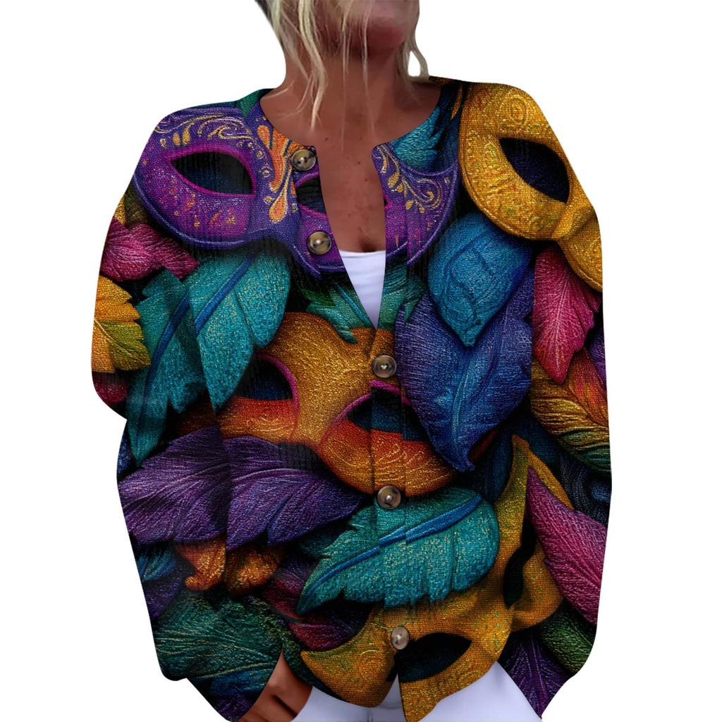 Women's Fashion Festival Printed Long-Sleeved Knitted Cardigan With Button-Front