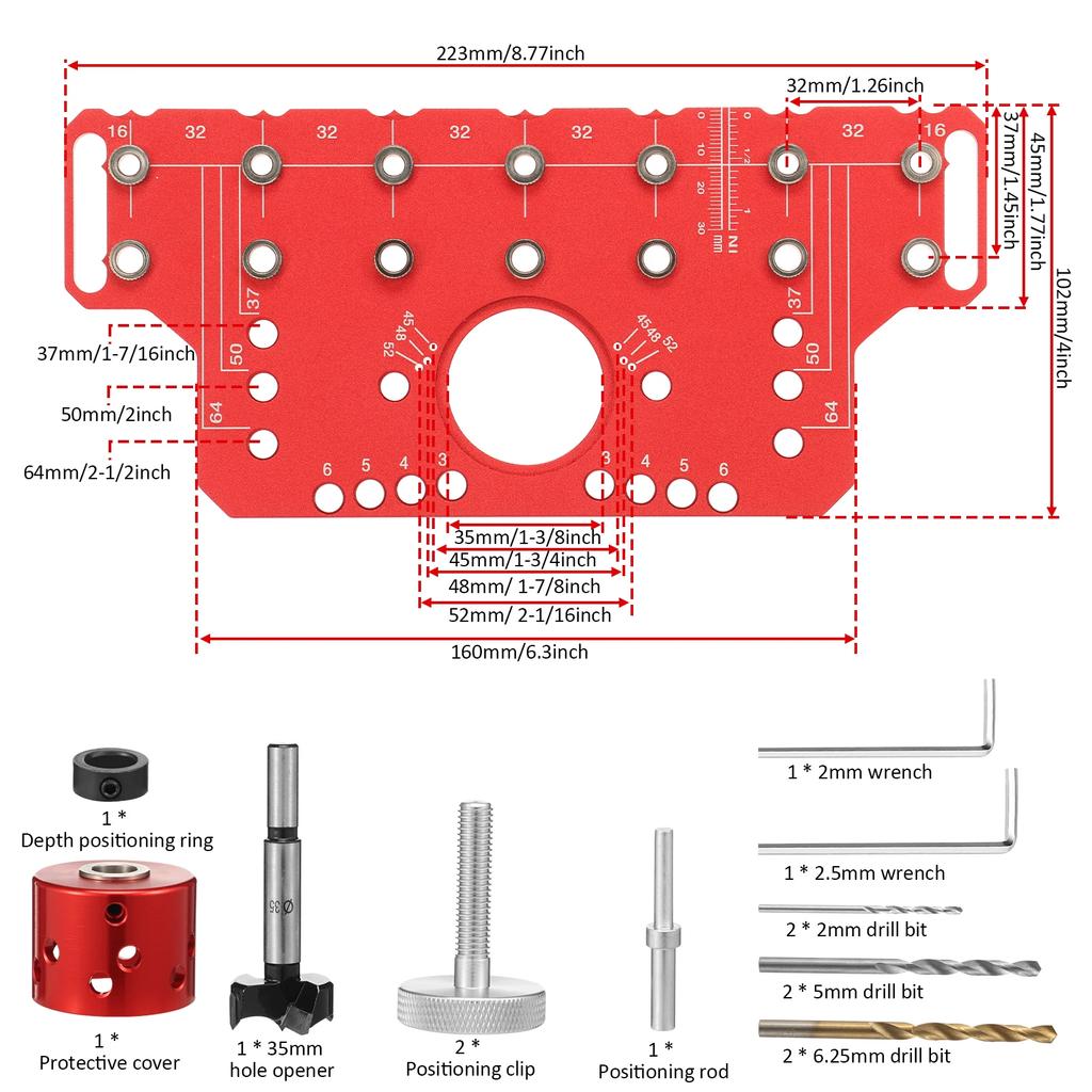 Aluminum Alloy Cabinet Hinge Jig Hinge Hole Drilling Guide Template with Drill Bits Mortising Kit for Cabinet Door Installation