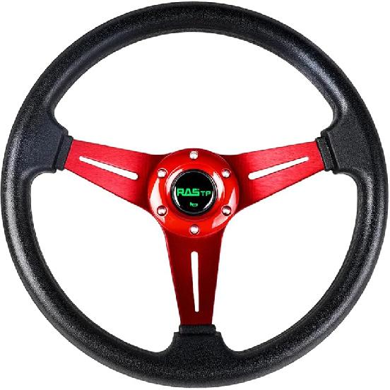 RASTP Universal Racing Steering Wheel 13.8”/350mm 6 Bolts Grip Vinyl Leather & Aluminum with Horn Button for Car -Black
