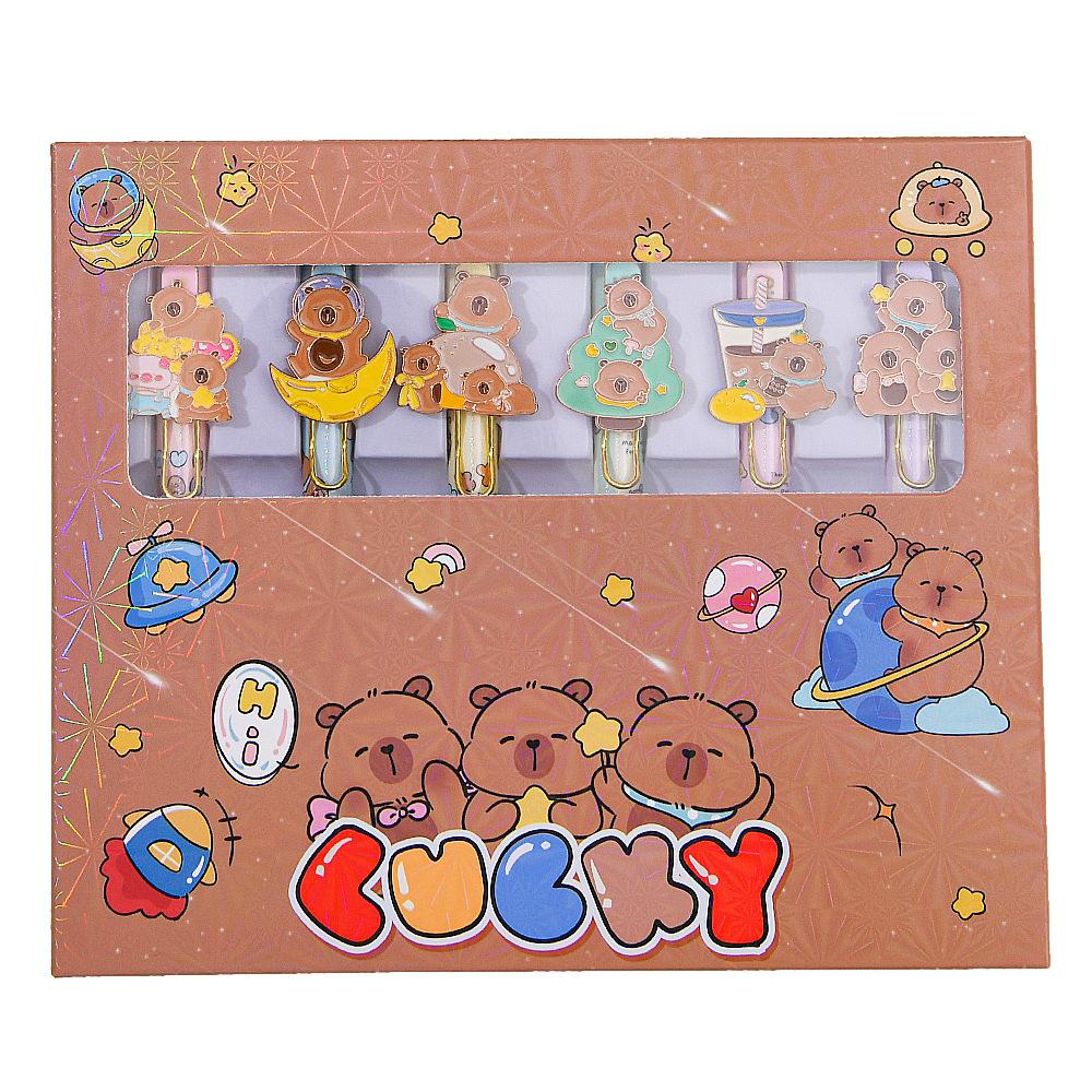 

6Pcs with Box Metal Hook Capybara Patch Gel Pen Comfortable Grip Stationery School Office Supplies Prize Gift Writing Tools Holiday Gift Novelty Stat Random style