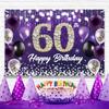 Happy 60th Birthday Backdrop Banner Purple Theme Background with Shiny Diamond Noble Elegant Birthday Party Photo Photography Prop Booth Background