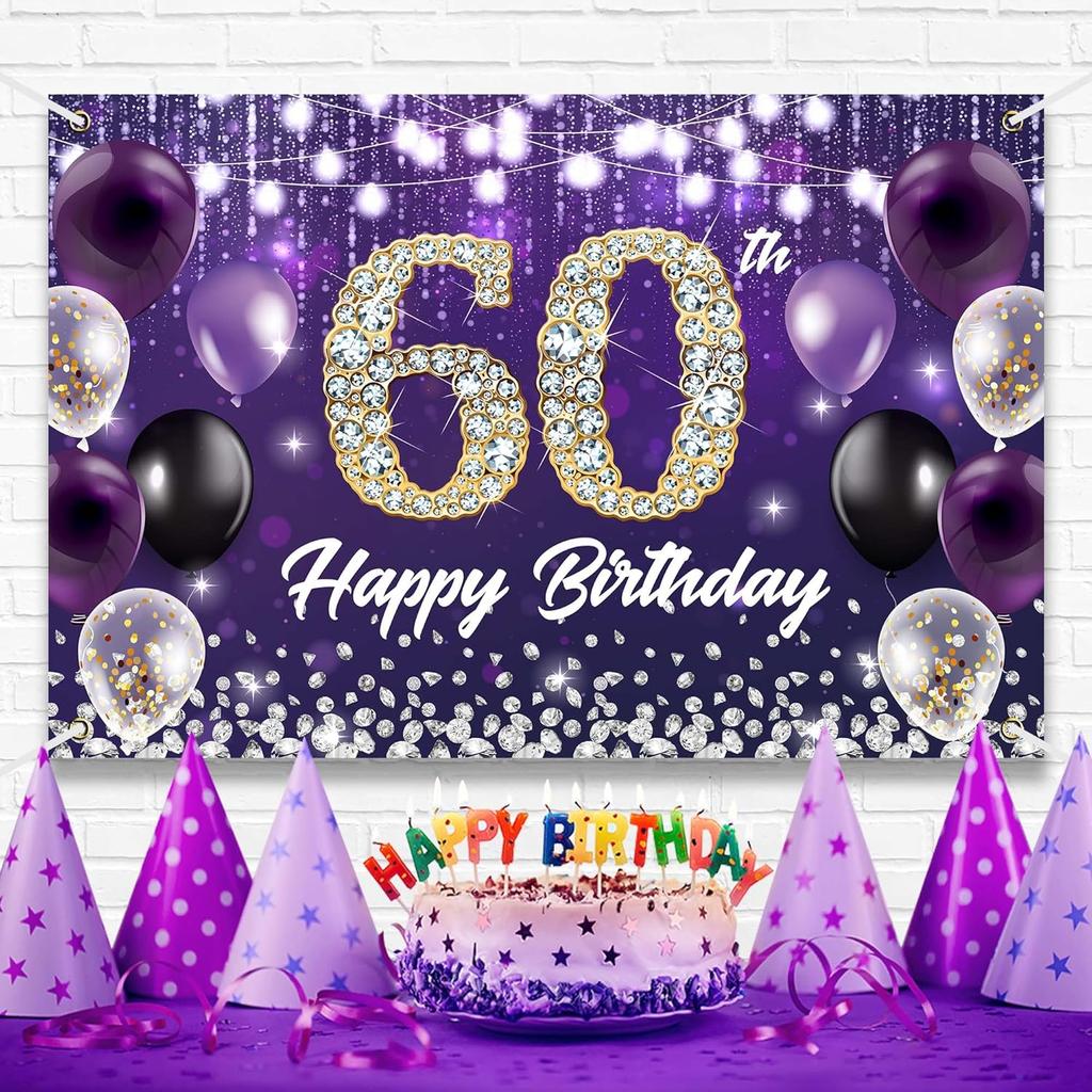 Happy 60th Birthday Backdrop Banner Purple Theme Background with Shiny Diamond Noble Elegant Birthday Party Photo Photography Prop Booth Background