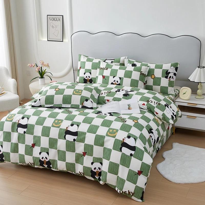 Comforter Cute Cartoon Panda Twin Queen 100% Cotton Kawaii Star Comforter 3 Pcs Soft Reversible Green Plaid Bedding Set
