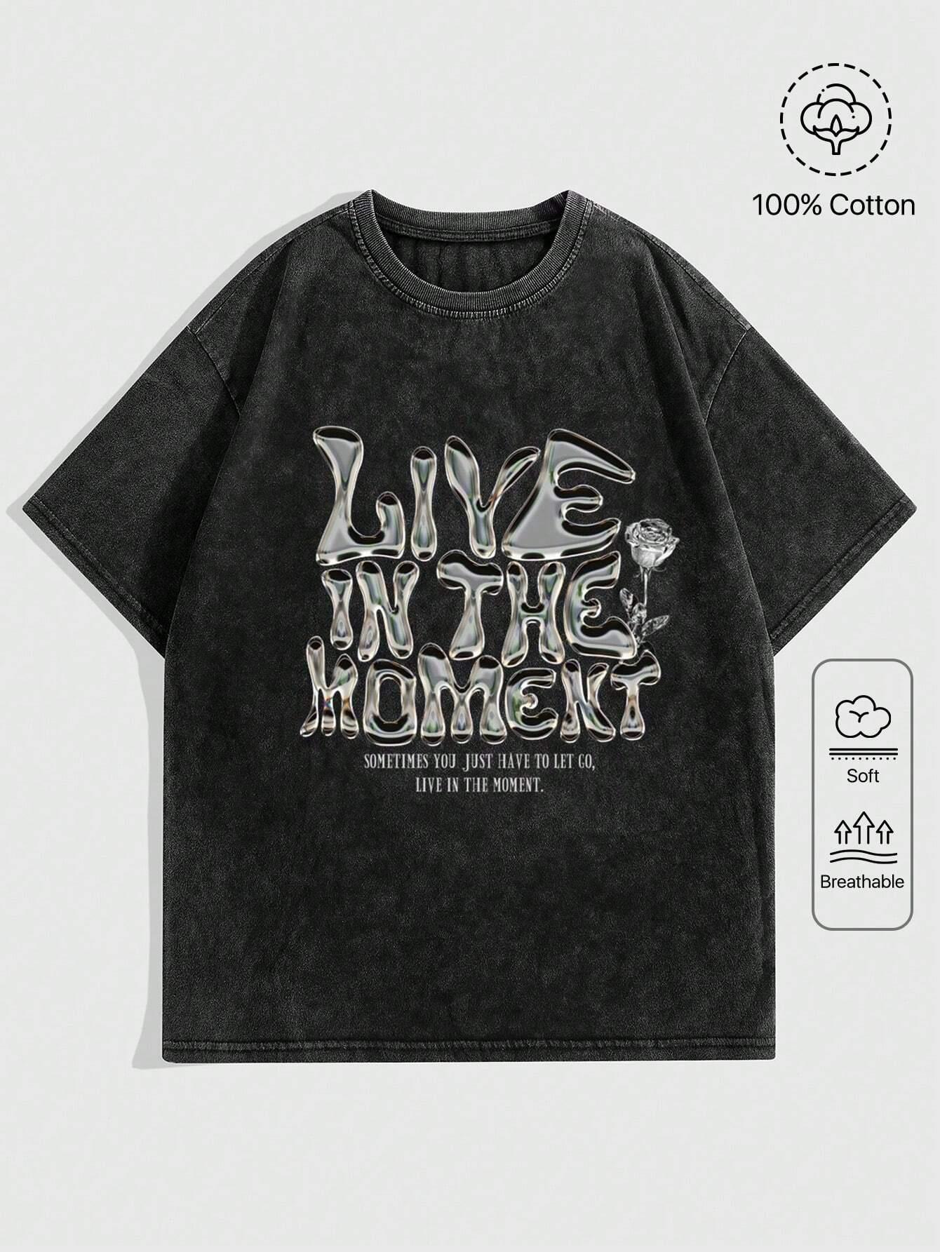 

Women Casual Cotton Washed TShirt Live In The Moment Letter Printing Tees Tops Fashion Oneck Oversize Street Female Clothes S