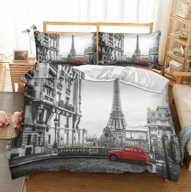 Paris Tower London City Scenery Big Ben Red Telephone Booth Bus Print Bedding Set Quilt Duvet Cover+Pillow Case US AU EU Size