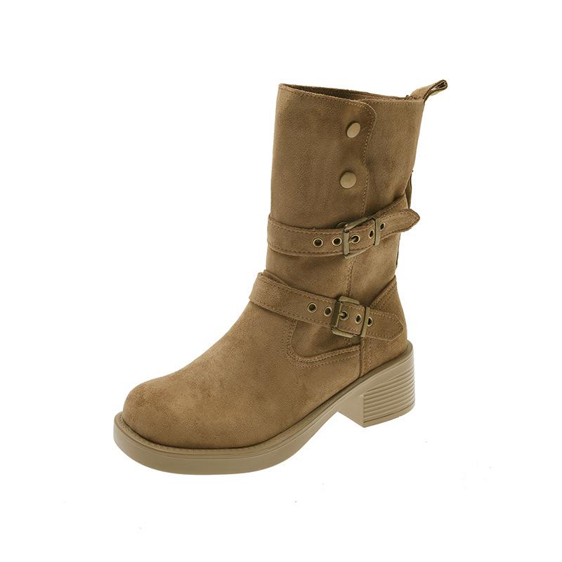 Ruodan Thick Heel Western Cowboy Boots Women's Autumn New Mid-heel Retro Square Head Thick-soled Piled Boots Two Wear Medium Boots