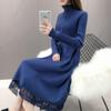 Women's Plus Velvet Thick Mid-Length Knit Sweater Dress - Loose Fit with Lace and Half-High Collar for Autumn and Winter
