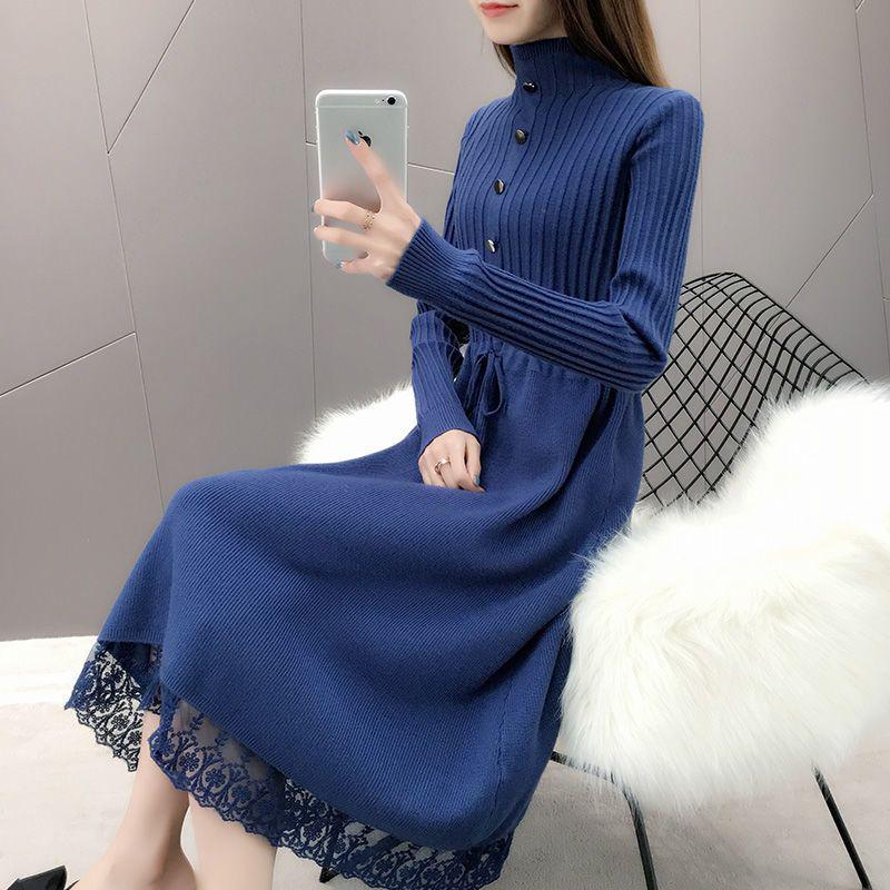 Women's Plus Velvet Thick Mid-Length Knit Sweater Dress - Loose Fit with Lace and Half-High Collar for Autumn and Winter