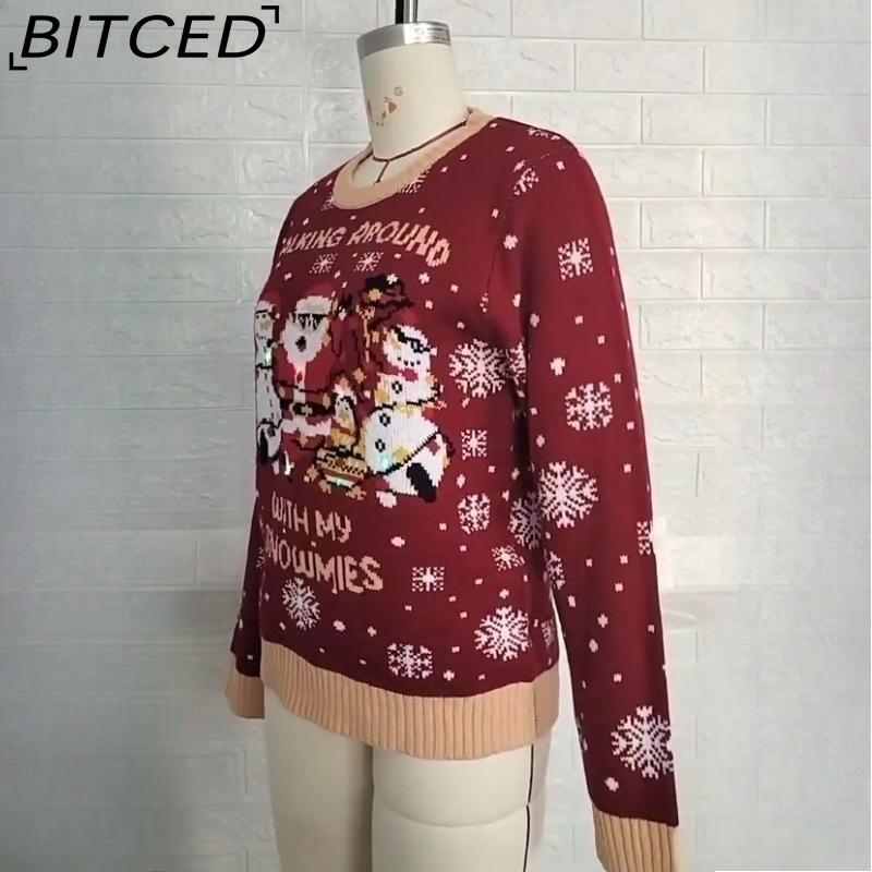 BITCED Red Christmas Sweater for Women Fall/Winter Snowflake Christmas Pullover