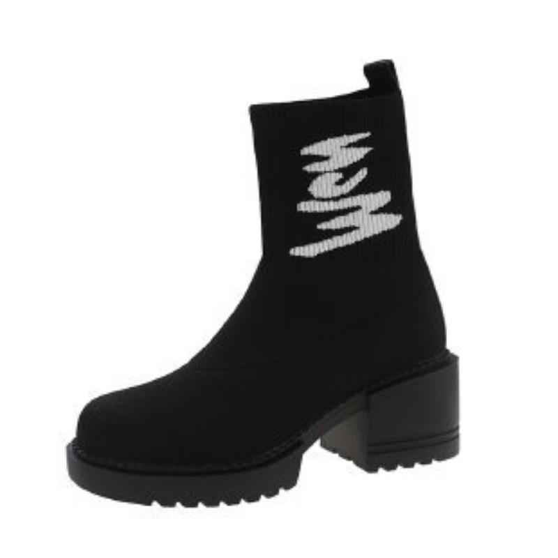 Large size thick-heeled socks shoes autumn new casual mid-top shoes thick-soled versatile short tube elastic thin boots