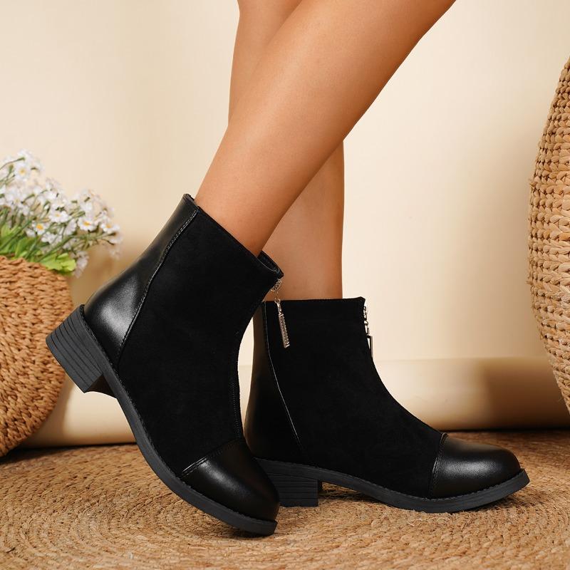 Fashion Spliced Suede Low-Heel Single Boots Autumn New Round Toe Zip Soft Sole Anti-Slip Wear-Resistant Short-Thigh Boots