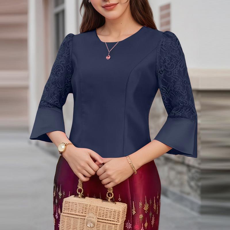 

ZANZEA Женская повседневная блузка с круглым вырезом, кружевной вставкой и рукавами 3/4 L тёмно-синий