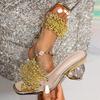 Sexy Slippers Women Rhinestone Floral PVC Sandals Square Toe High Heels Party Banquet Dress Mules