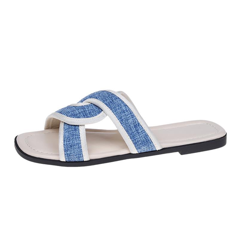 Summer new casual square head color matching cross flat bottom beach retro fashion large size cool slippers women