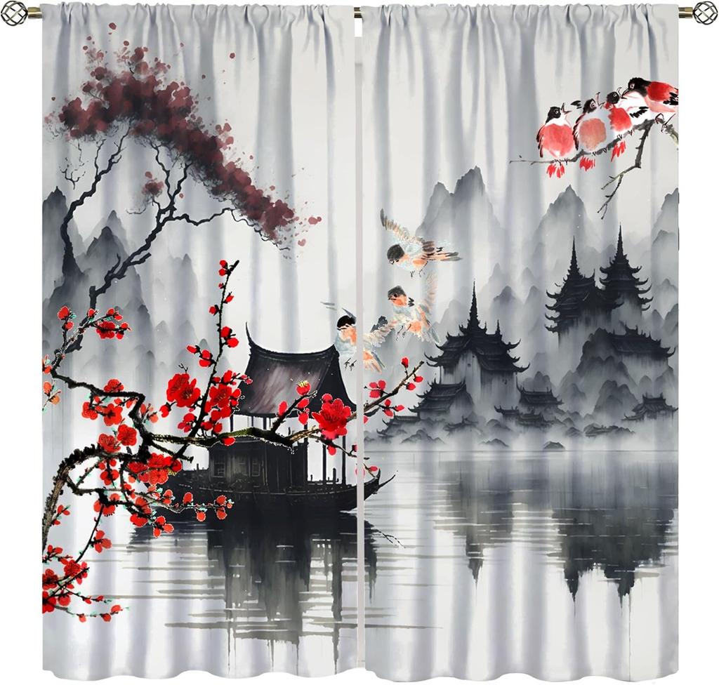 Japanese Style Blackout Curtain,Sea Wave Cherry Blossom Crane Ocean Bird Themed Watercolor Curta For Dining Room Cafe Living